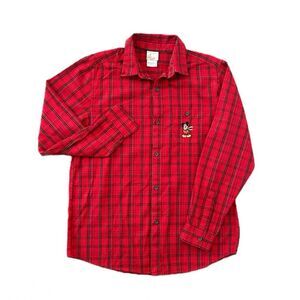 The Disney Store Mens Small Red Plaid Shirt Button Up Embroidered‎ Mickey Mouse